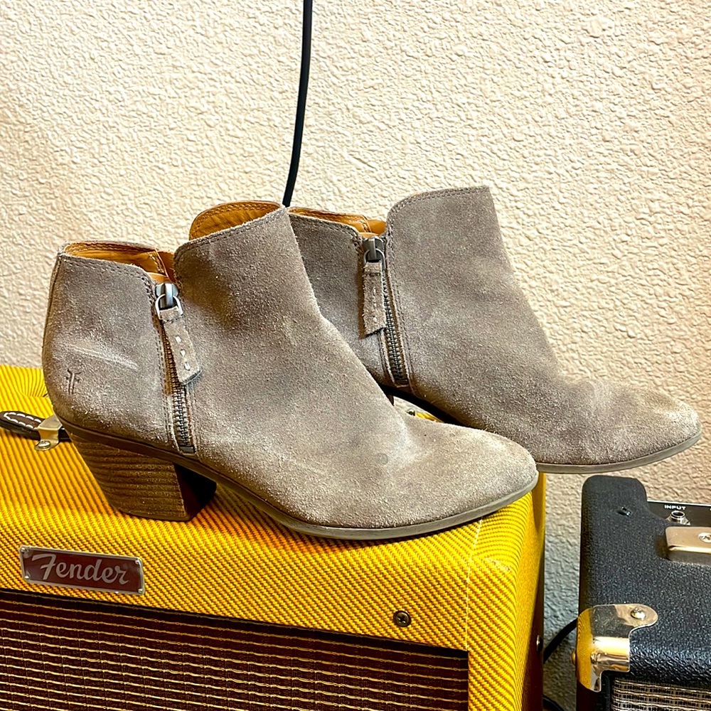 Frye gray suede heeled bootie